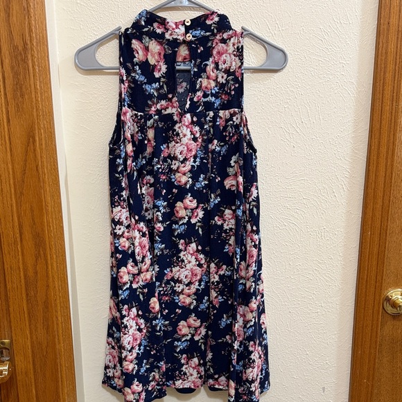 Floral Sleeveless Women's Dress - Navy and Pink High Neck - Picture 5 of 7